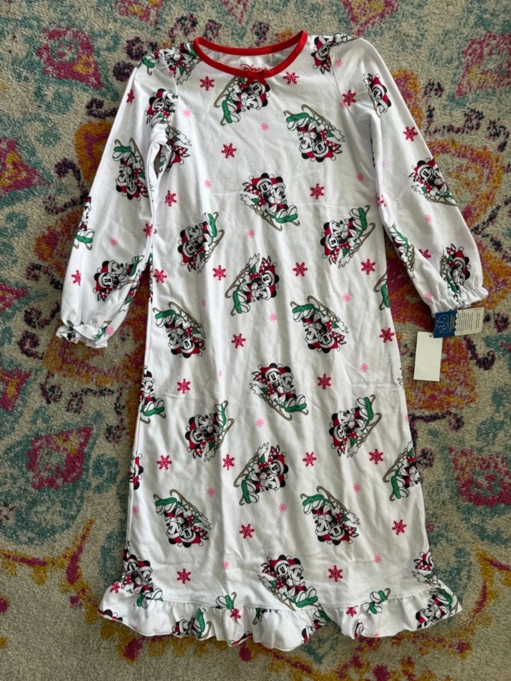 Disney White Minnie Mouse Holiday Long Sleeve Nightgown with Red Trim - Picture 1 of 1
